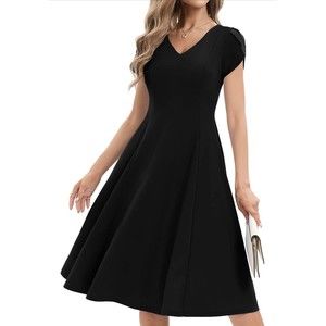 Gardenwed Women’s Sz Small Black V-Neck Short Sleeve A-Line Dress Knee Length